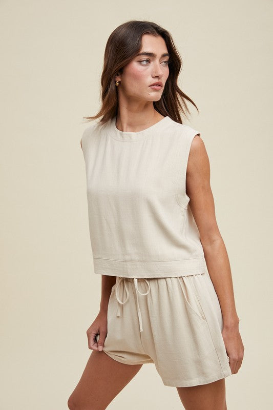 Linen Tank Top & Shorts Set - Natural-set- Hometown Style HTS, women's in store and online boutique located in Ingersoll, Ontario