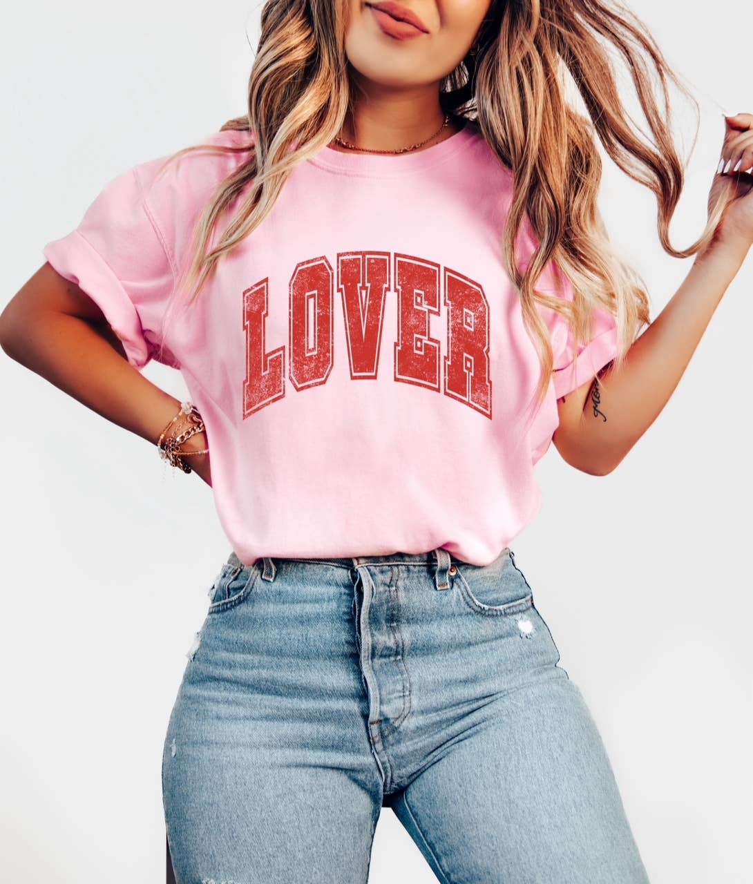 Lover Varsity, Comfort Tee - Pink & Red-graphic tee- Hometown Style HTS, women's in store and online boutique located in Ingersoll, Ontario