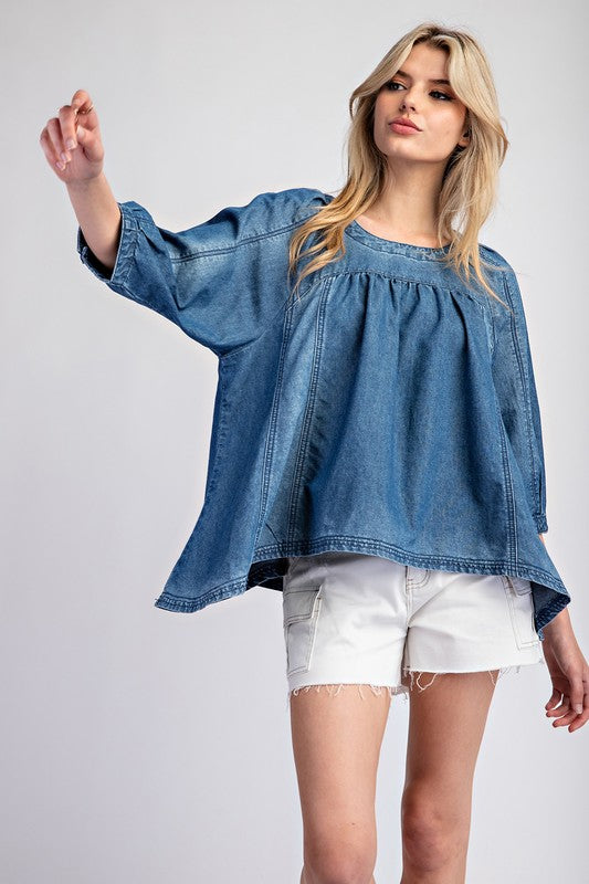 Mineral Washed 3/4 Sleeve Top - Denim-Tops- Hometown Style HTS, women's in store and online boutique located in Ingersoll, Ontario