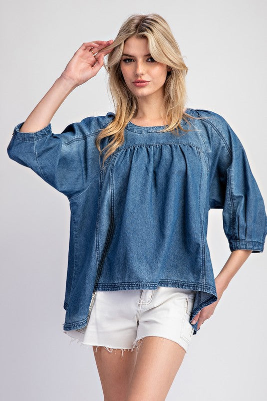 Mineral Washed 3/4 Sleeve Top - Denim-Tops- Hometown Style HTS, women's in store and online boutique located in Ingersoll, Ontario