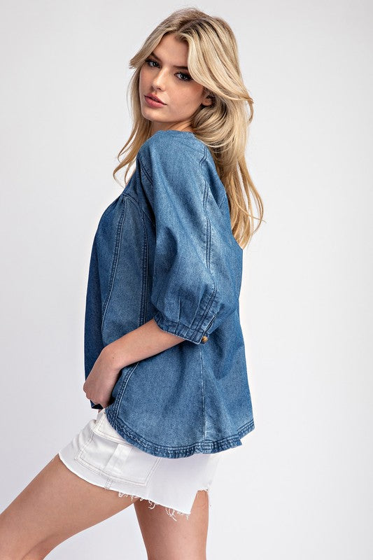 Mineral Washed 3/4 Sleeve Top - Denim-Tops- Hometown Style HTS, women's in store and online boutique located in Ingersoll, Ontario
