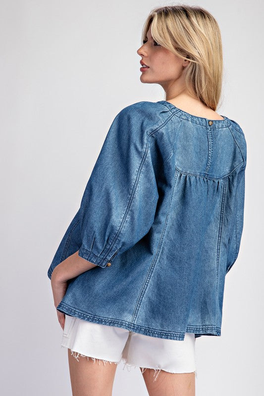 Mineral Washed 3/4 Sleeve Top - Denim-Tops- Hometown Style HTS, women's in store and online boutique located in Ingersoll, Ontario