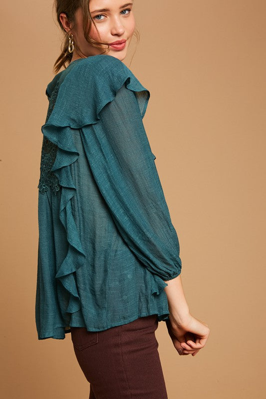 Textured Ruffle Lace Top - Dark Teal-blouse- Hometown Style HTS, women's in store and online boutique located in Ingersoll, Ontario