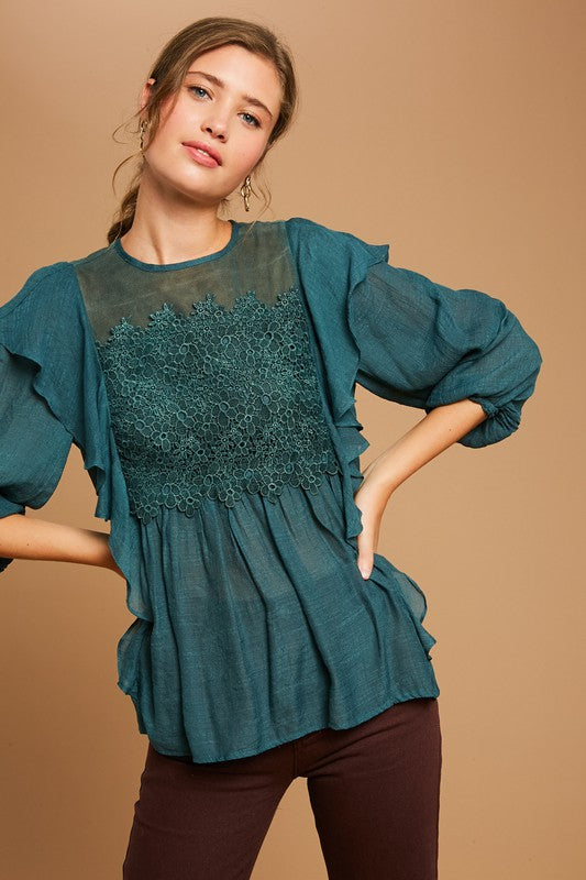 Textured Ruffle Lace Top - Dark Teal-blouse- Hometown Style HTS, women's in store and online boutique located in Ingersoll, Ontario