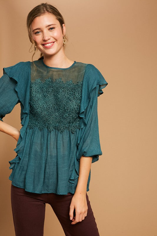 Textured Ruffle Lace Top - Dark Teal-blouse- Hometown Style HTS, women's in store and online boutique located in Ingersoll, Ontario