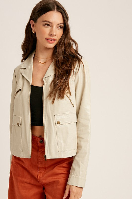 Faux Leather Biker Jacket - Cream-Coats & Jackets- Hometown Style HTS, women's in store and online boutique located in Ingersoll, Ontario