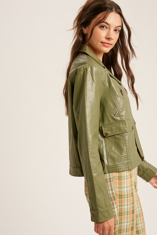Faux Leather Biker Jacket - Olive-Coats & Jackets- Hometown Style HTS, women's in store and online boutique located in Ingersoll, Ontario