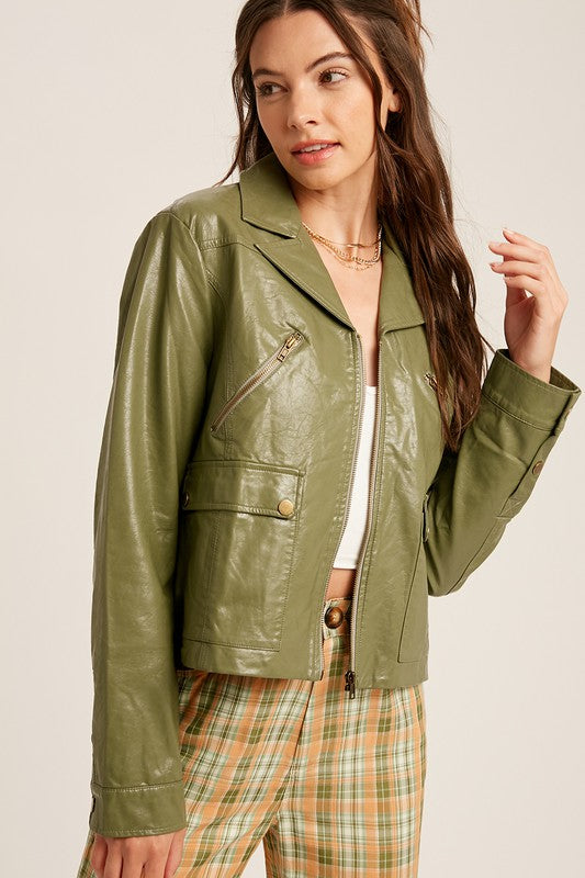 Faux Leather Biker Jacket - Olive-Coats & Jackets- Hometown Style HTS, women's in store and online boutique located in Ingersoll, Ontario