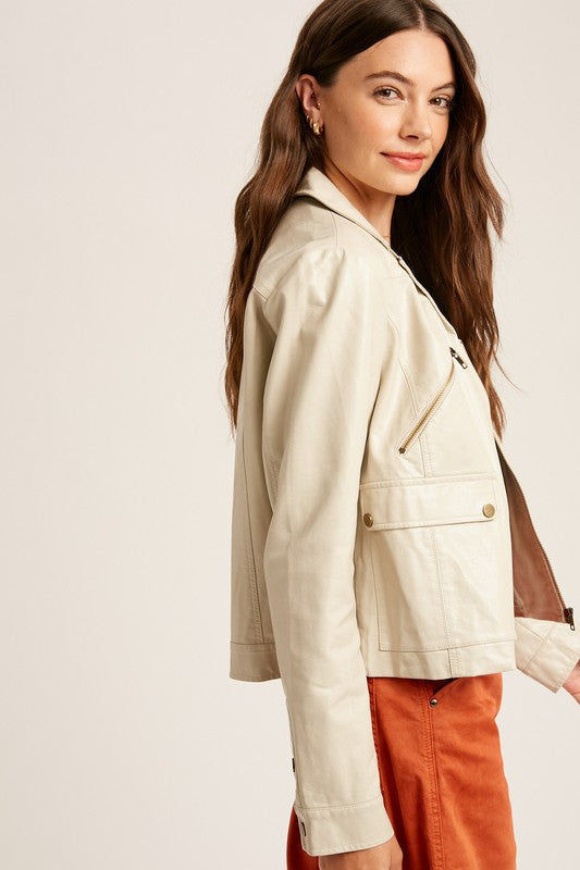 Faux Leather Biker Jacket - Cream-Coats & Jackets- Hometown Style HTS, women's in store and online boutique located in Ingersoll, Ontario
