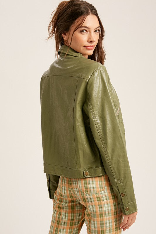 Faux Leather Biker Jacket - Olive-Coats & Jackets- Hometown Style HTS, women's in store and online boutique located in Ingersoll, Ontario