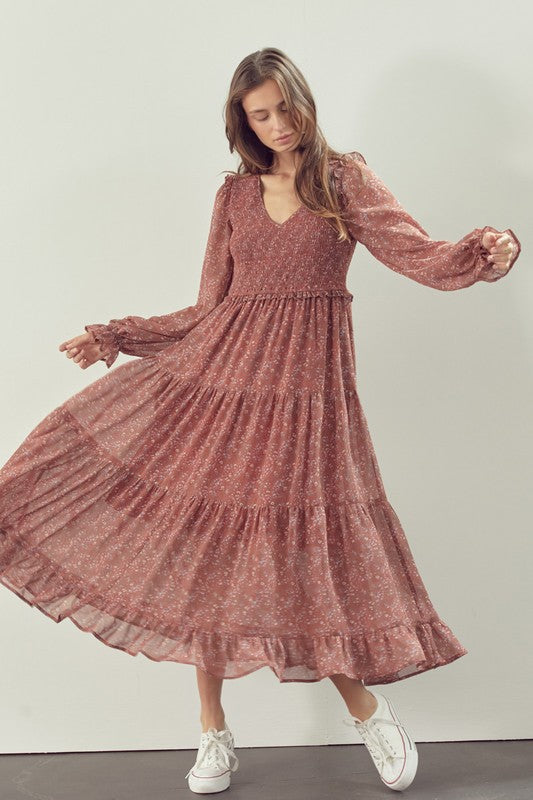 V Neckline Smocked Bodice Dress - Clay-Dress- Hometown Style HTS, women's in store and online boutique located in Ingersoll, Ontario