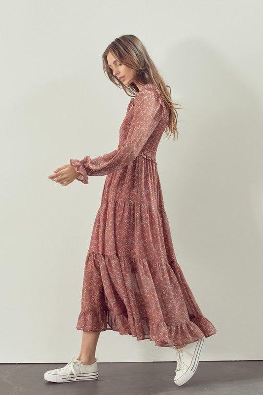 V Neckline Smocked Bodice Dress - Clay-Dress- Hometown Style HTS, women's in store and online boutique located in Ingersoll, Ontario