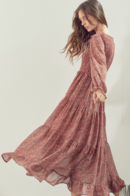 V Neckline Smocked Bodice Dress - Clay-Dress- Hometown Style HTS, women's in store and online boutique located in Ingersoll, Ontario