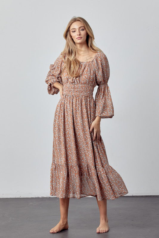 Ditsy Floral Midi Dress - Caramel Floral-Dress- Hometown Style HTS, women's in store and online boutique located in Ingersoll, Ontario
