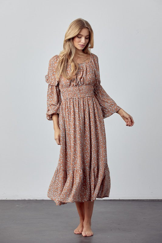Ditsy Floral Midi Dress - Caramel Floral-Dress- Hometown Style HTS, women's in store and online boutique located in Ingersoll, Ontario