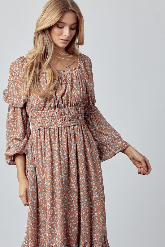 Ditsy Floral Midi Dress - Caramel Floral-Dress- Hometown Style HTS, women's in store and online boutique located in Ingersoll, Ontario