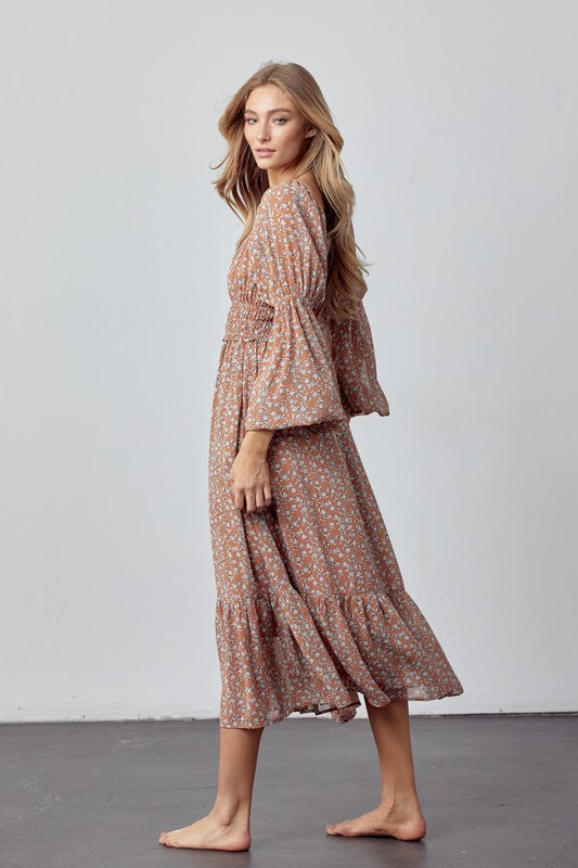 Ditsy Floral Midi Dress - Caramel Floral-Dress- Hometown Style HTS, women's in store and online boutique located in Ingersoll, Ontario