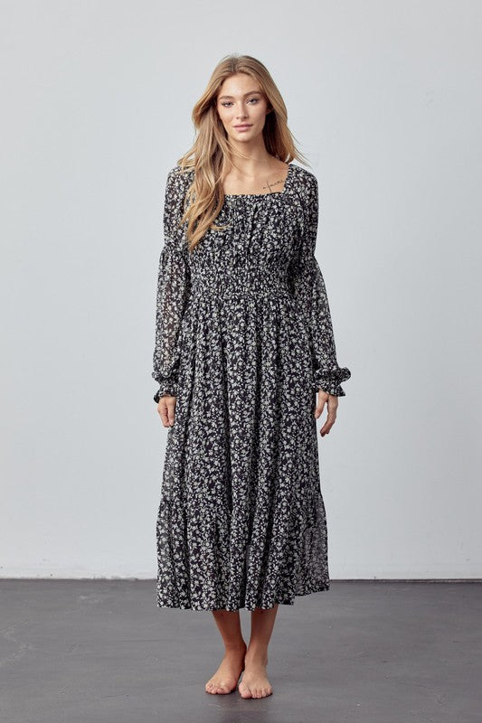 Ditsy Floral Midi Dress - Black-Dress- Hometown Style HTS, women's in store and online boutique located in Ingersoll, Ontario