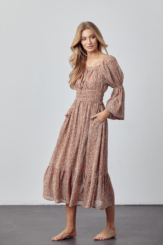 Ditsy Floral Midi Dress - Caramel Floral-Dress- Hometown Style HTS, women's in store and online boutique located in Ingersoll, Ontario