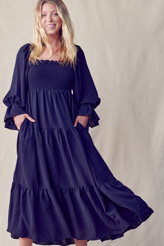 Long Sleeve Tiered Dress - Navy-Dress- Hometown Style HTS, women's in store and online boutique located in Ingersoll, Ontario