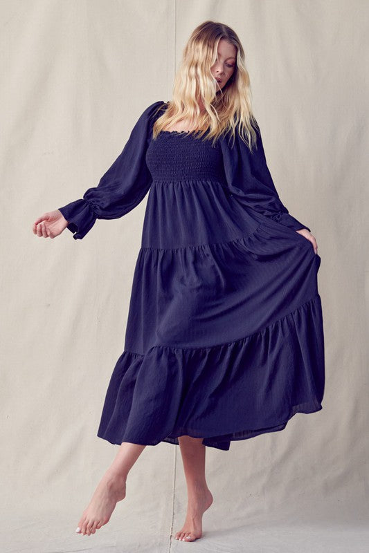 Long Sleeve Tiered Dress - Navy-Dress- Hometown Style HTS, women's in store and online boutique located in Ingersoll, Ontario