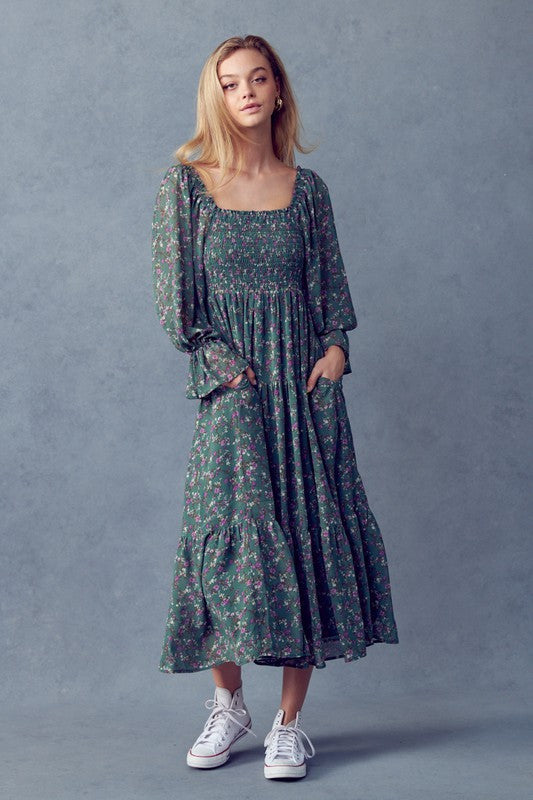Dusty Sage Fall Floral Dress-Dress- Hometown Style HTS, women's in store and online boutique located in Ingersoll, Ontario