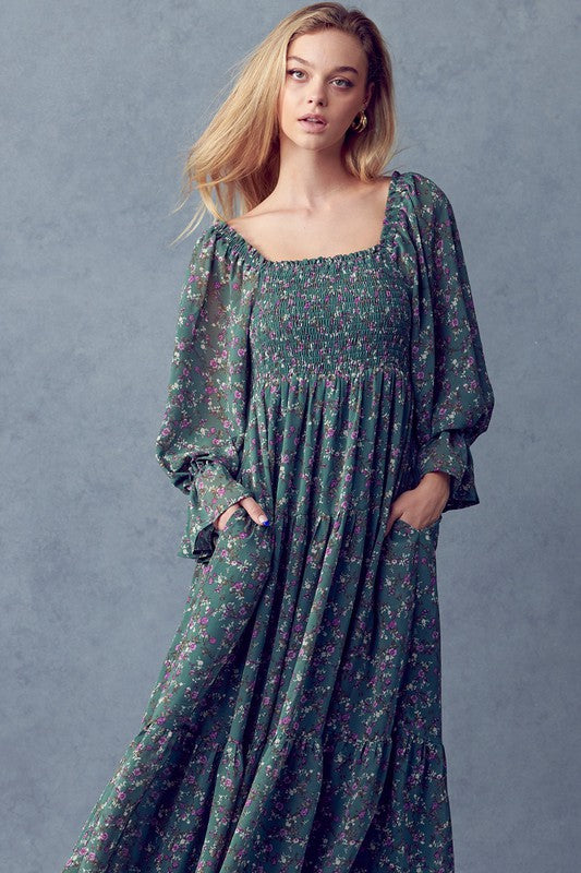 Dusty Sage Fall Floral Dress-Dress- Hometown Style HTS, women's in store and online boutique located in Ingersoll, Ontario