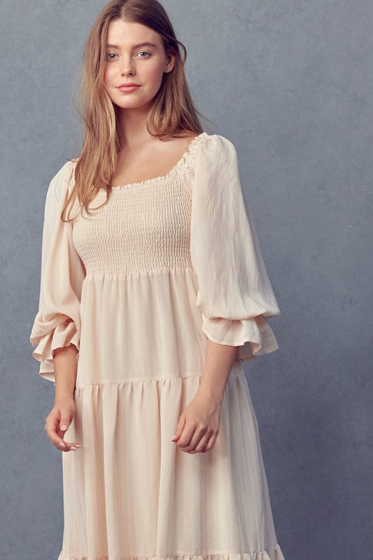 Long Sleeve Tiered Dress - Cream-Dress- Hometown Style HTS, women's in store and online boutique located in Ingersoll, Ontario