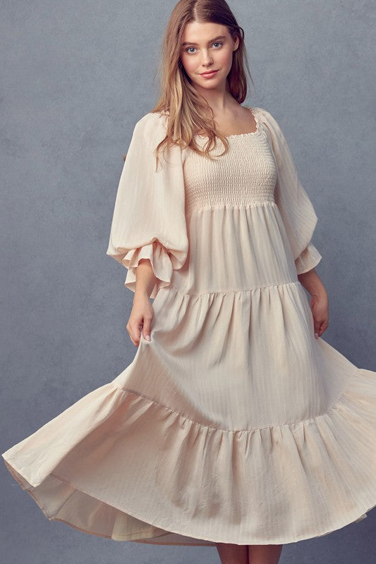 Long Sleeve Tiered Dress - Cream-Dress- Hometown Style HTS, women's in store and online boutique located in Ingersoll, Ontario