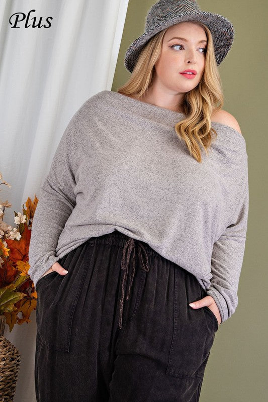 Long Sleeve, Off Shoulder Top - Oatmeal-Sweater- Hometown Style HTS, women's in store and online boutique located in Ingersoll, Ontario