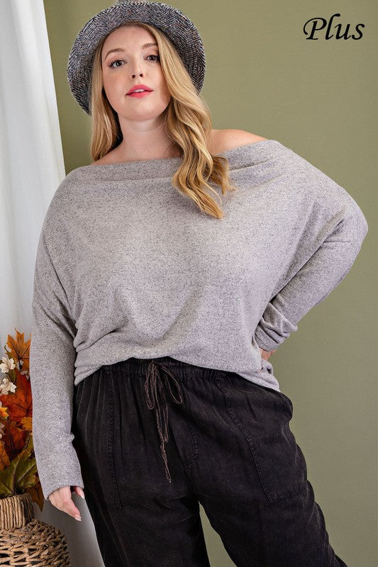 Long Sleeve, Off Shoulder Top - Oatmeal-Sweater- Hometown Style HTS, women's in store and online boutique located in Ingersoll, Ontario