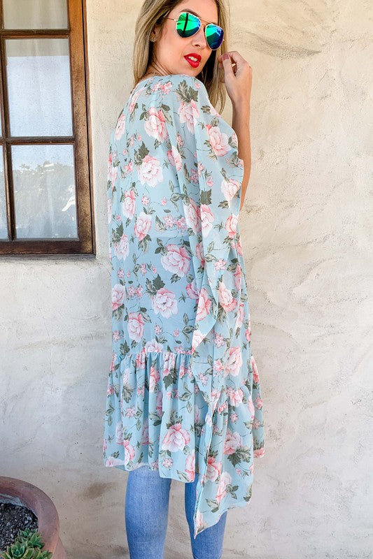 Floral Print, Ruffle Bottom Kimono-kimono- Hometown Style HTS, women's in store and online boutique located in Ingersoll, Ontario