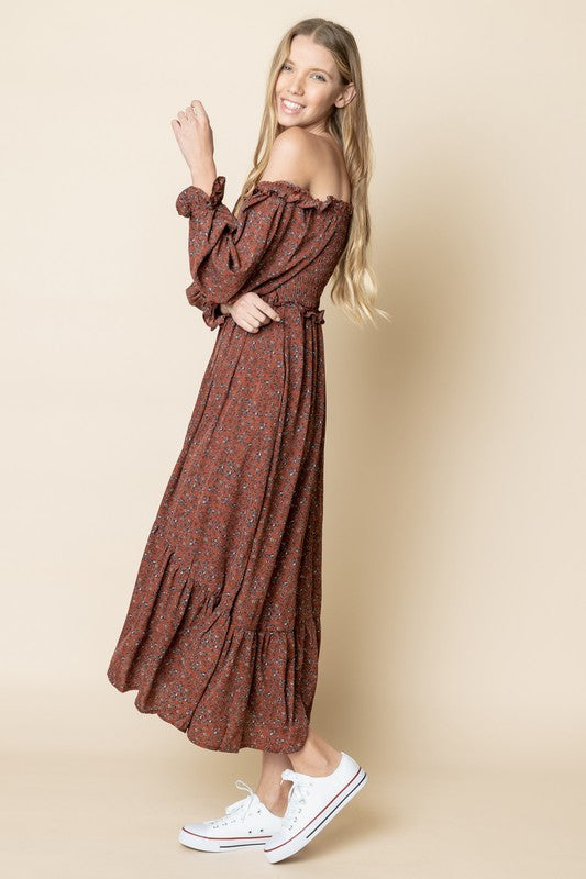 Smocked Boho Style Dress - Brick-Dress- Hometown Style HTS, women's in store and online boutique located in Ingersoll, Ontario