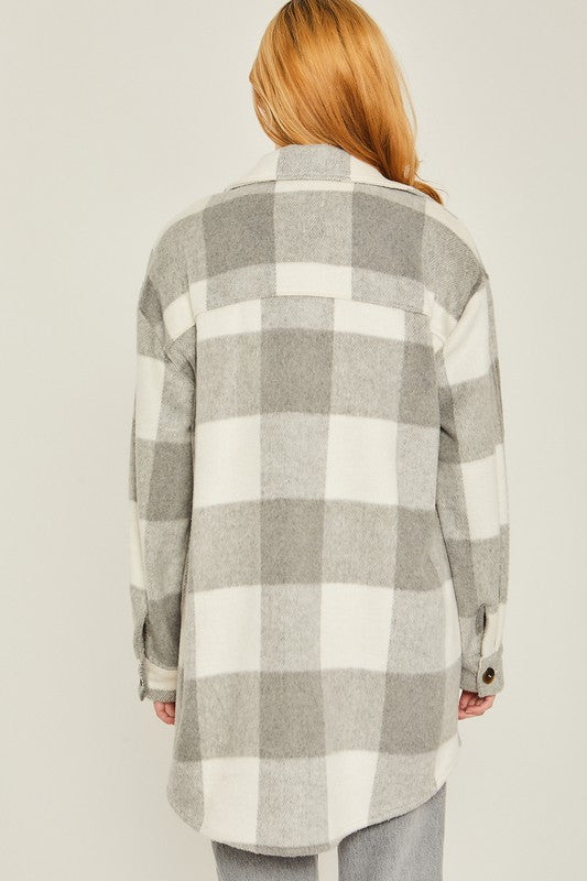 Long Plaid Shacket - Grey-Shacket- Hometown Style HTS, women's in store and online boutique located in Ingersoll, Ontario