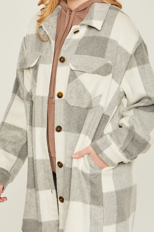 Long Plaid Shacket - Grey-Shacket- Hometown Style HTS, women's in store and online boutique located in Ingersoll, Ontario