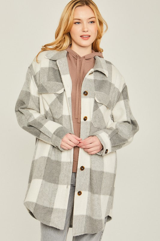 Long Plaid Shacket - Grey-Shacket- Hometown Style HTS, women's in store and online boutique located in Ingersoll, Ontario