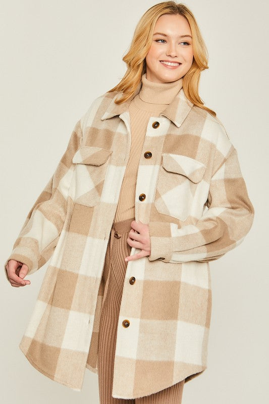 Long Plaid Shacket - Latte-Shacket- Hometown Style HTS, women's in store and online boutique located in Ingersoll, Ontario