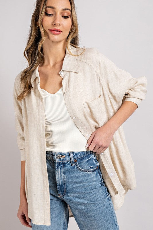Button Down Linen Shirt-blouse- Hometown Style HTS, women's in store and online boutique located in Ingersoll, Ontario