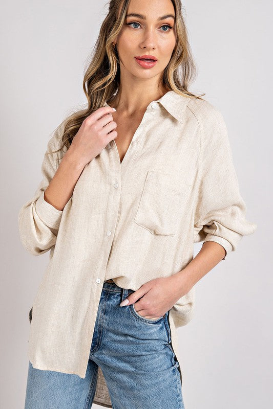 Button Down Linen Shirt-blouse- Hometown Style HTS, women's in store and online boutique located in Ingersoll, Ontario