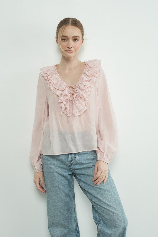 Ruffle Long Sleeve Blouse - Pink- Hometown Style HTS, women's in store and online boutique located in Ingersoll, Ontario