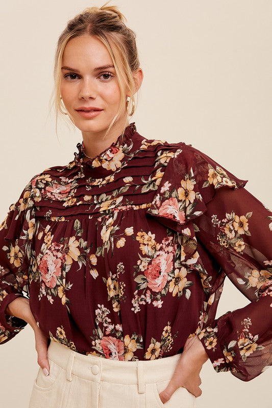 Mock Neck Floral Blouse - Wine-blouse- Hometown Style HTS, women's in store and online boutique located in Ingersoll, Ontario
