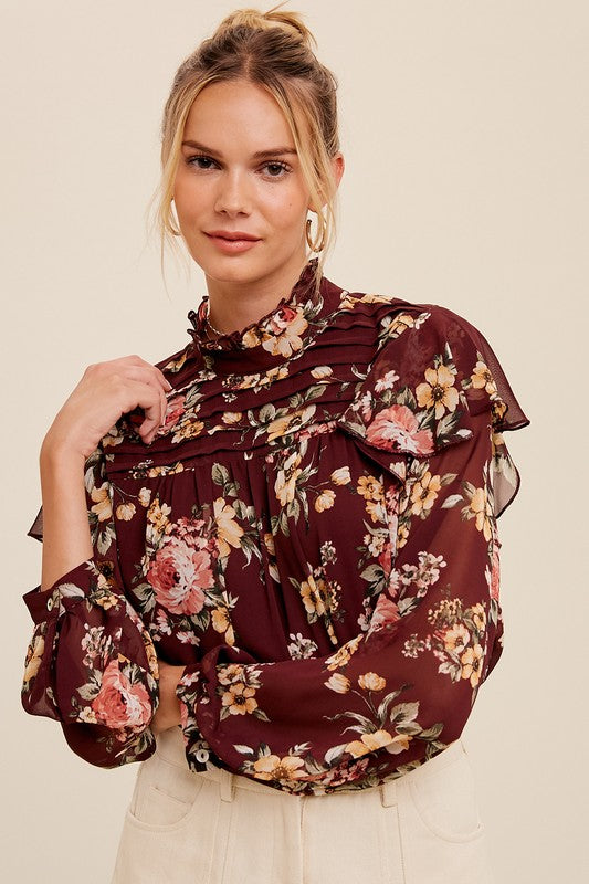 Mock Neck Floral Blouse - Wine-blouse- Hometown Style HTS, women's in store and online boutique located in Ingersoll, Ontario