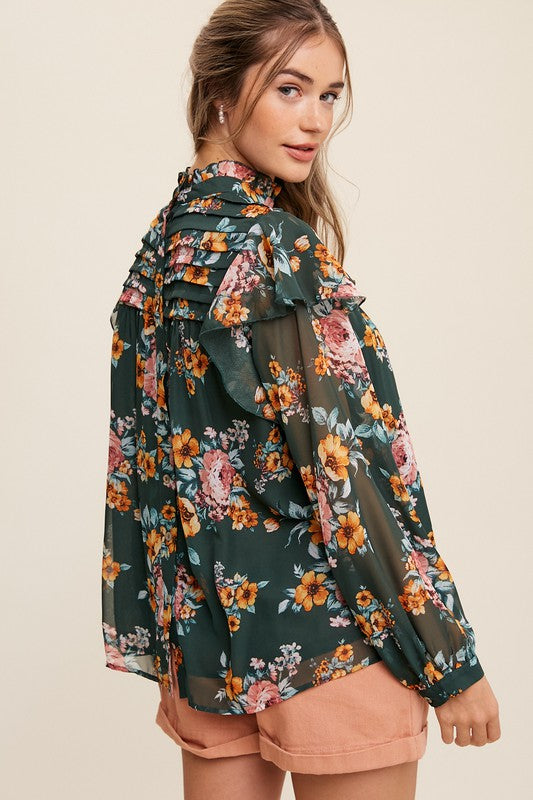 Mock Neck Floral Blouse - Green-blouse- Hometown Style HTS, women's in store and online boutique located in Ingersoll, Ontario