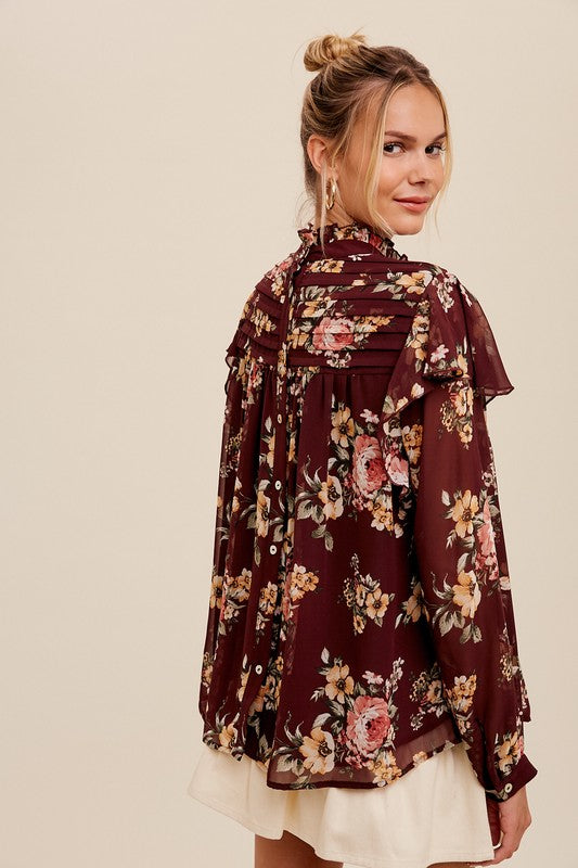 Mock Neck Floral Blouse - Wine-blouse- Hometown Style HTS, women's in store and online boutique located in Ingersoll, Ontario