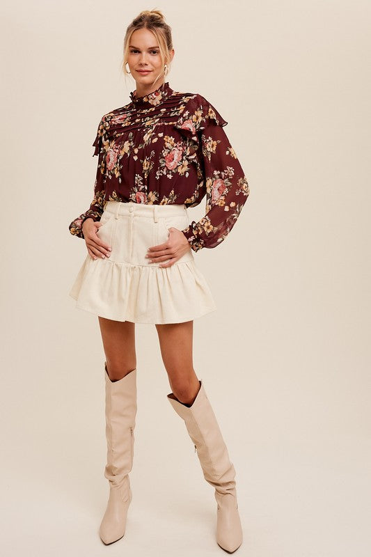 Mock Neck Floral Blouse - Wine-blouse- Hometown Style HTS, women's in store and online boutique located in Ingersoll, Ontario