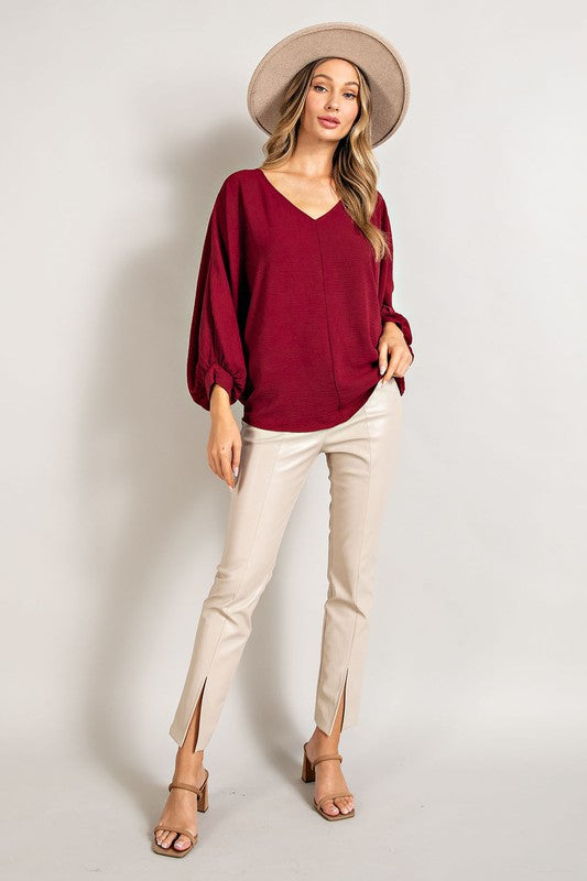 Puff Sleeve, V Neck Blouse - Wine-blouse- Hometown Style HTS, women's in store and online boutique located in Ingersoll, Ontario