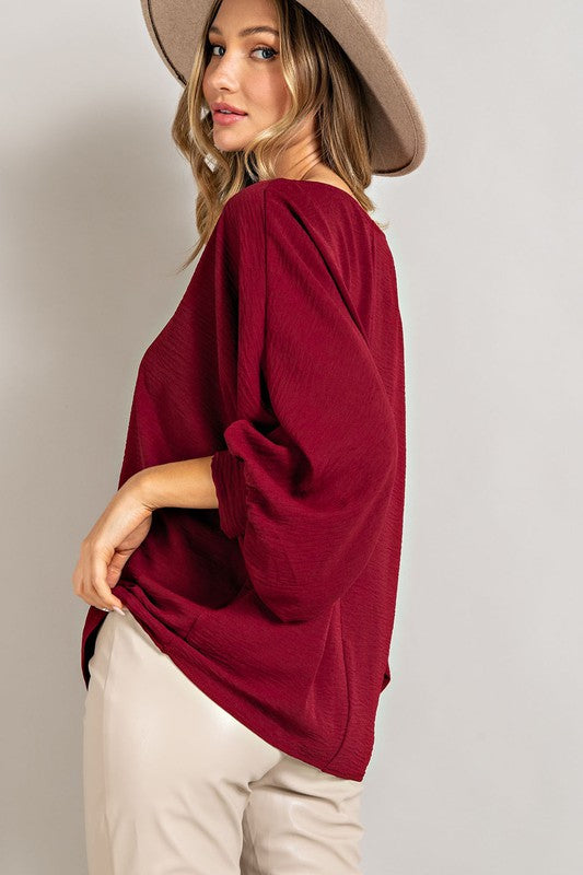 Puff Sleeve, V Neck Blouse - Wine-blouse- Hometown Style HTS, women's in store and online boutique located in Ingersoll, Ontario