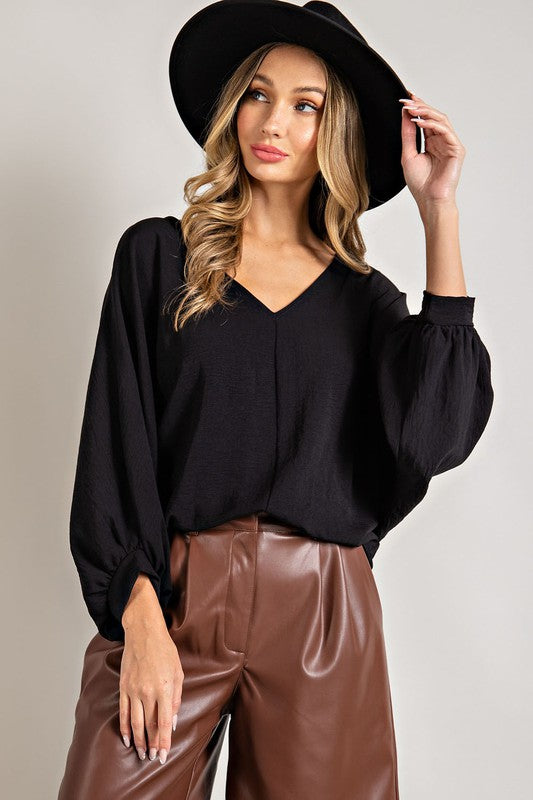 Puff Sleeve, V Neck Blouse - Black-blouse- Hometown Style HTS, women's in store and online boutique located in Ingersoll, Ontario