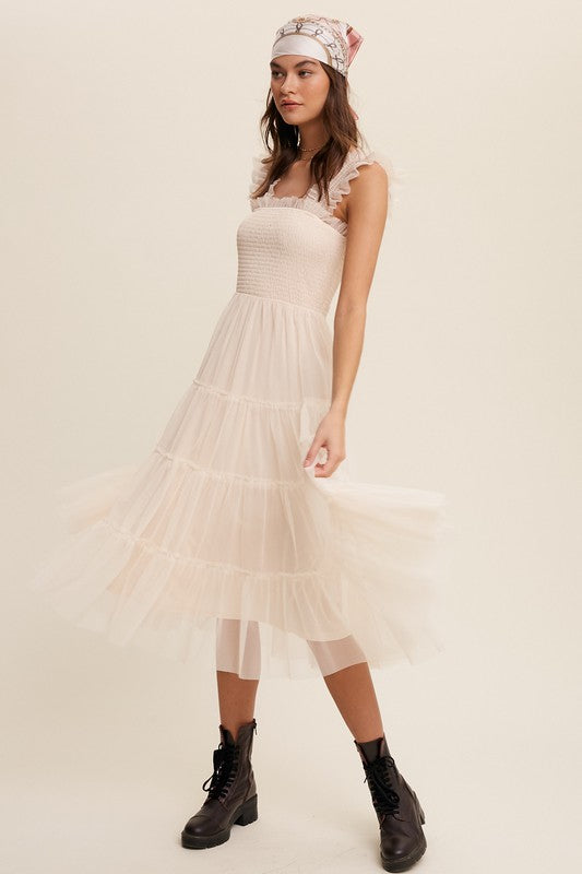 Smocked, Ruffle Tiered Mesh Maxi Dress - Ivory-Dress- Hometown Style HTS, women's in store and online boutique located in Ingersoll, Ontario