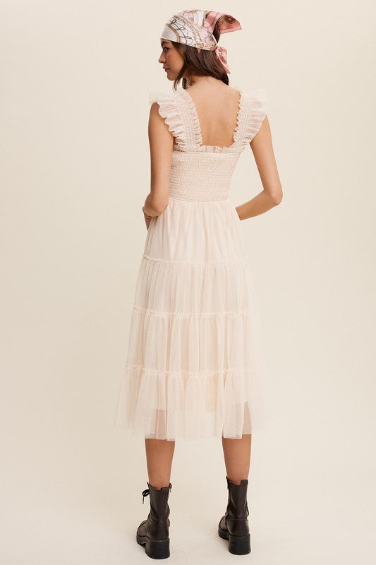 Smocked, Ruffle Tiered Mesh Maxi Dress - Ivory-Dress- Hometown Style HTS, women's in store and online boutique located in Ingersoll, Ontario